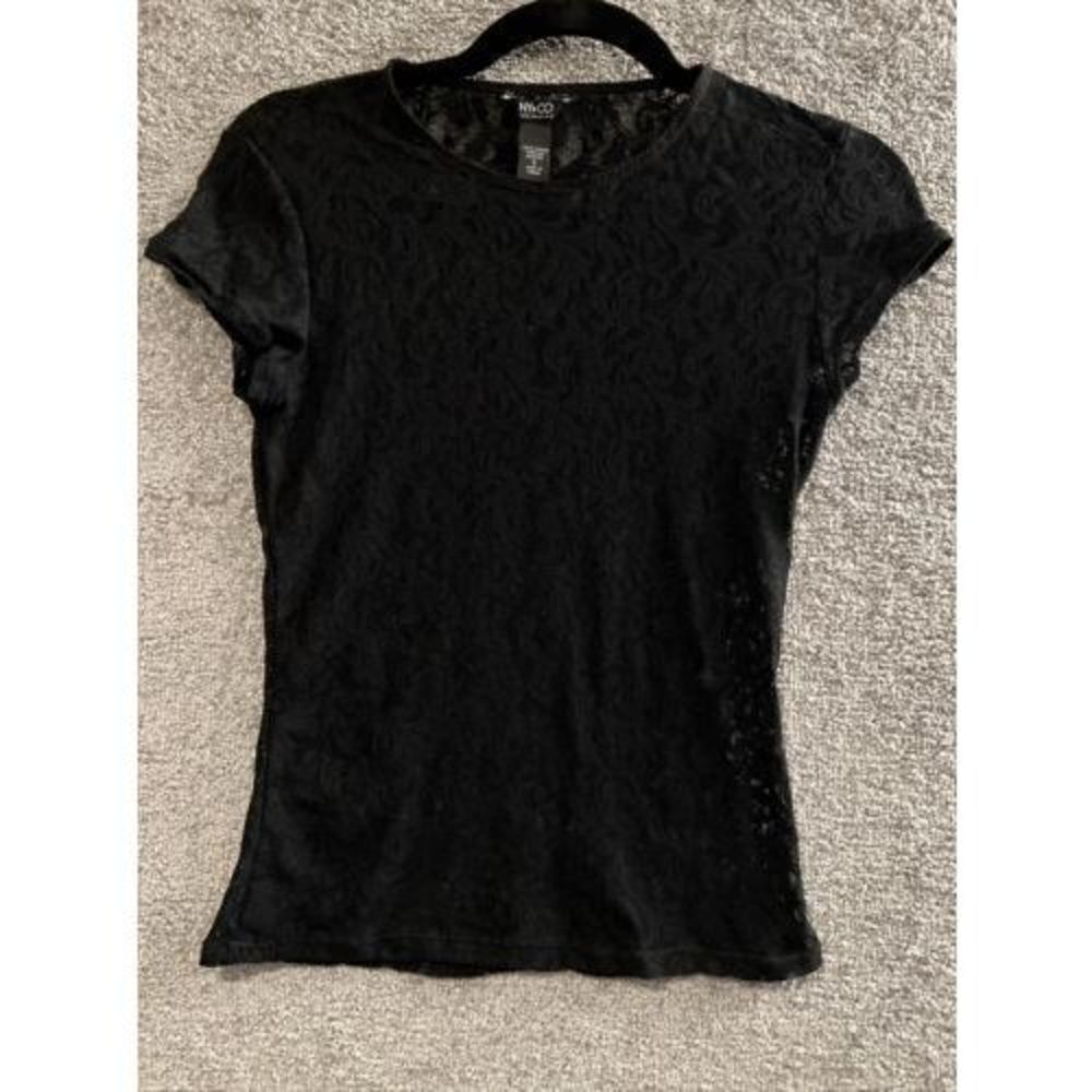 Vintage Y2K Sheer Mesh Top Blouse Short Sleeve Size Small NY&CO Black